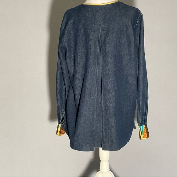 Bob Mackie Med Wearable Art Denim Shirt Inset/Cuffs Colorful Tribal Embroidery - Picture 10 of 16